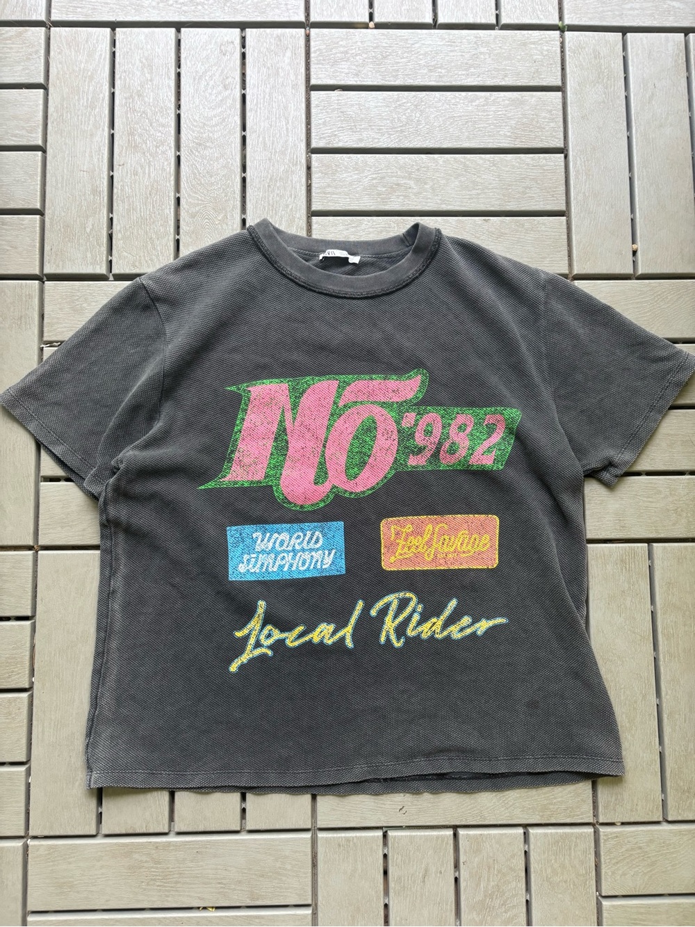 Zara Black Graphic Tee with Pink & Green 'No 1982' Design